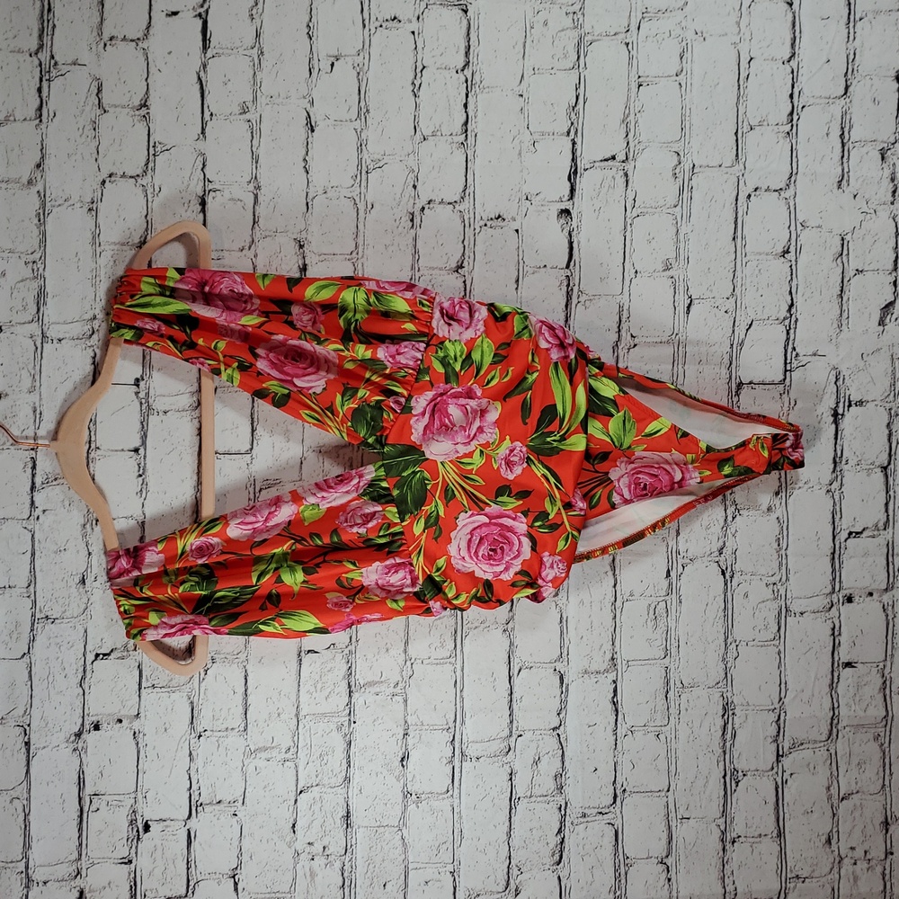 Zara Red-Orange and Pink One Piece Bodysuit with Plunge V-neckline Size M NWT